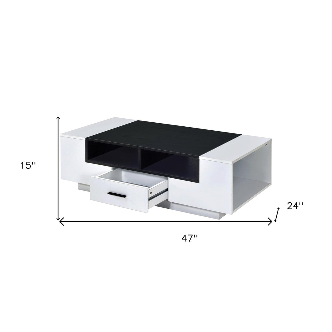 47" White And Black Rectangular Coffee Table With Drawer And Three Shelves Image 2