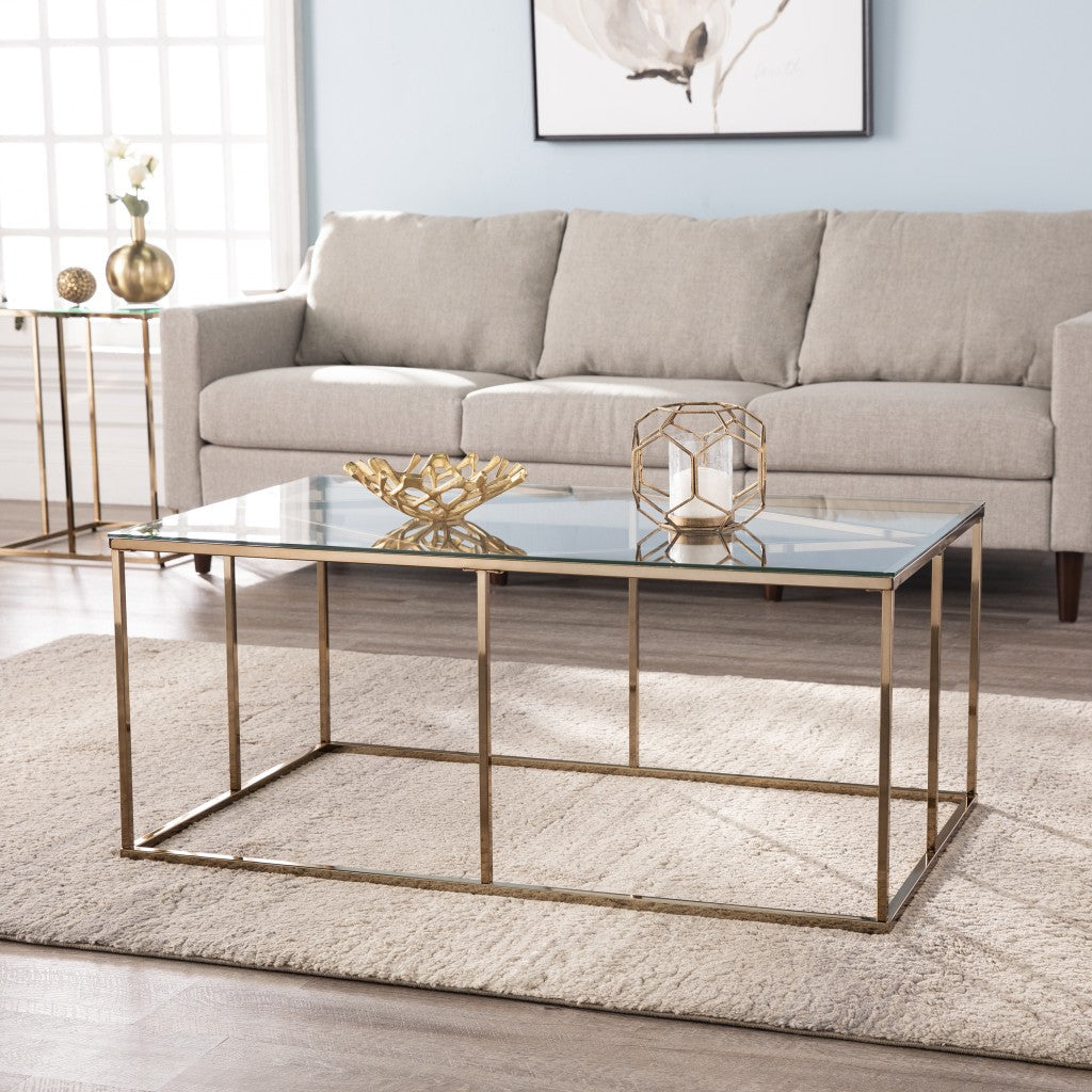 42" Champagne Glass And Metal Geometric Coffee Table Image 7