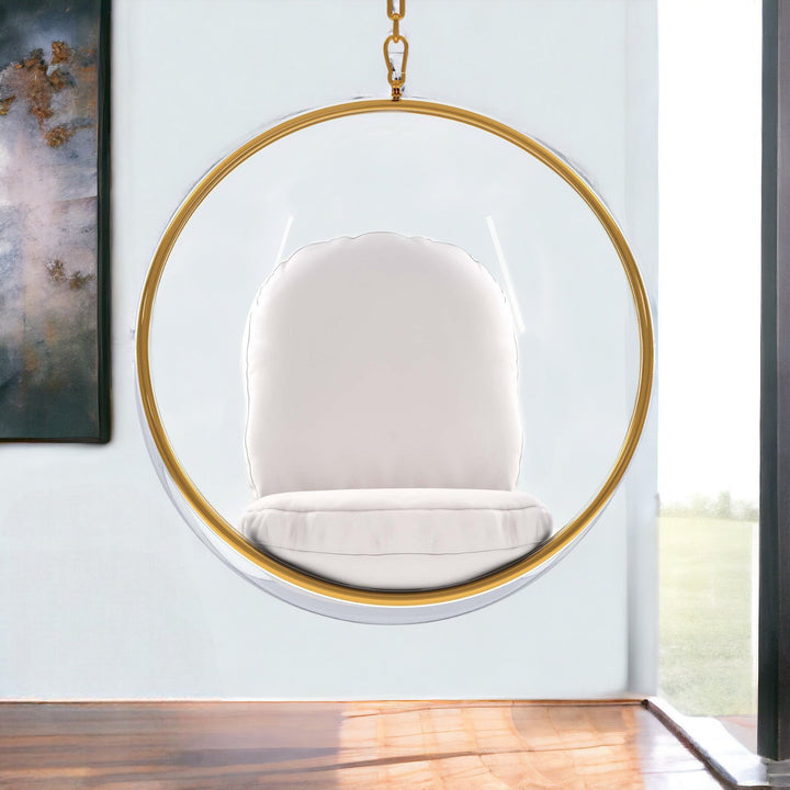 42" White and Gold Acrylic and Faux Leather Hanging Balloon Chair Image 4