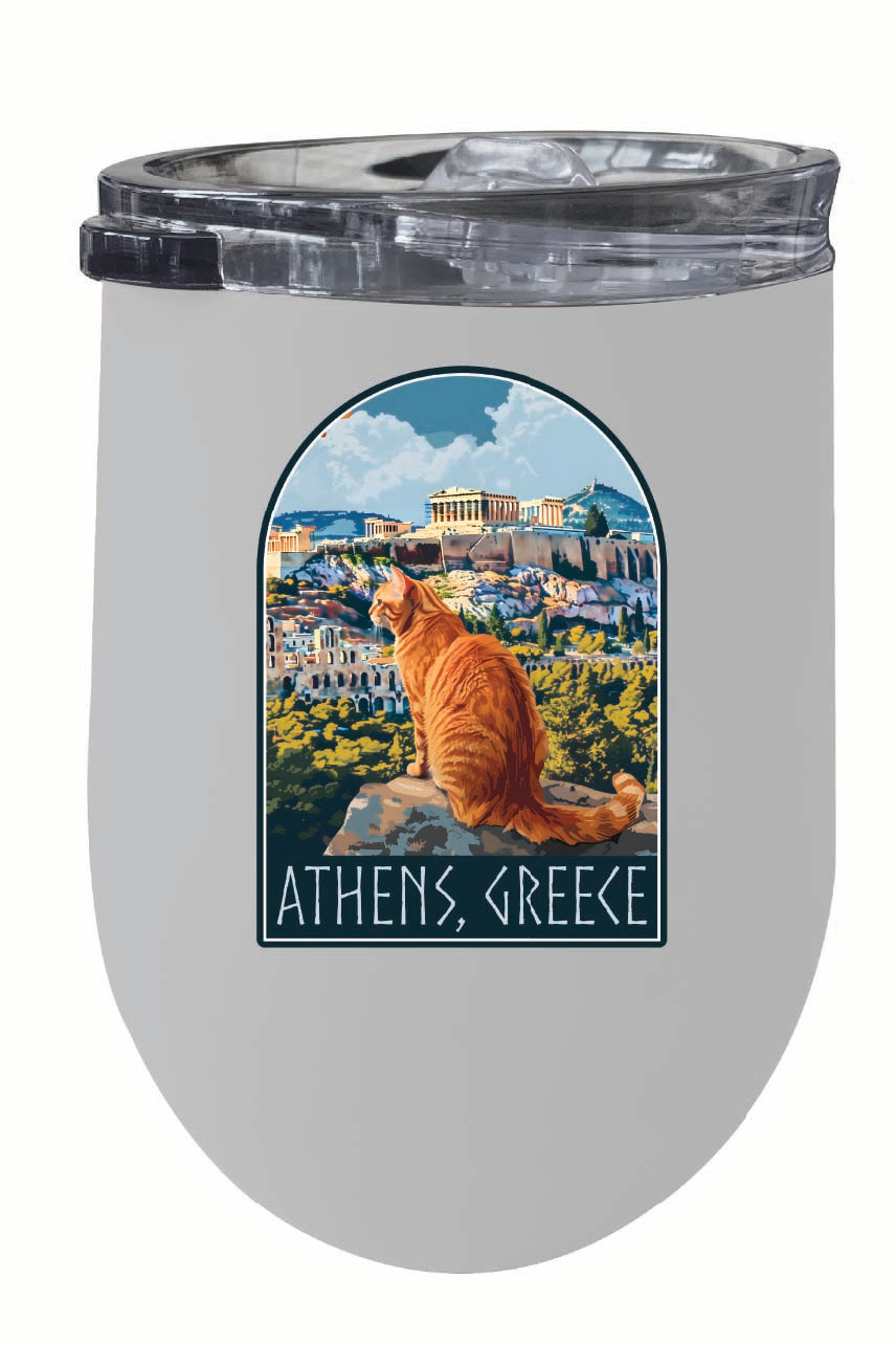 Athens Greece Cat Acropolis Design Souvenir 12 oz Insulated Wine Stainless Steel Tumbler Image 1