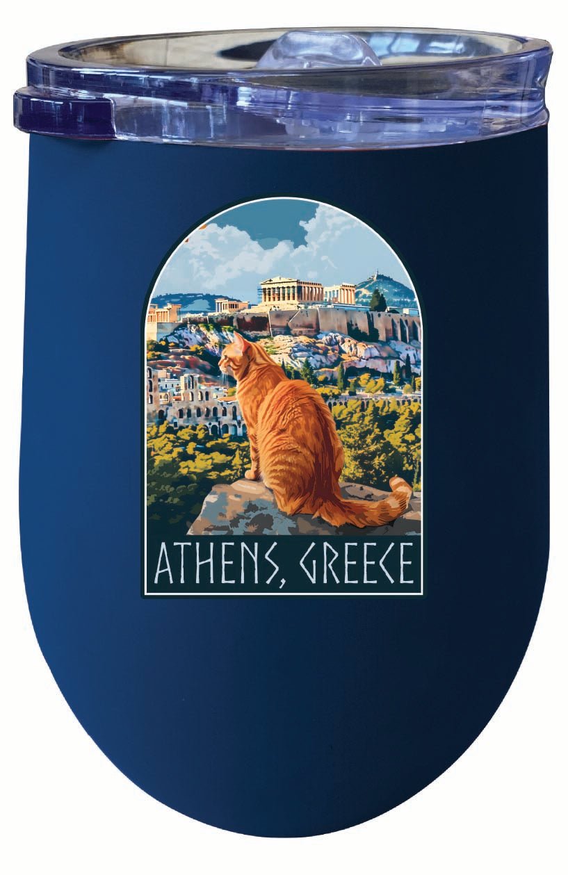 Athens Greece Cat Acropolis Design Souvenir 12 oz Insulated Wine Stainless Steel Tumbler Image 1