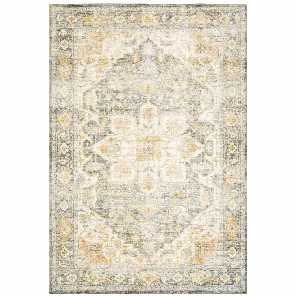 5 X 7 Grey Gold Orange And Ivory Oriental Power Loom Stain Resistant Area Rug Image 1