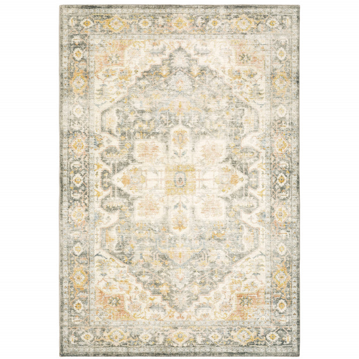 5 X 7 Grey Gold Orange And Ivory Oriental Power Loom Stain Resistant Area Rug Image 1