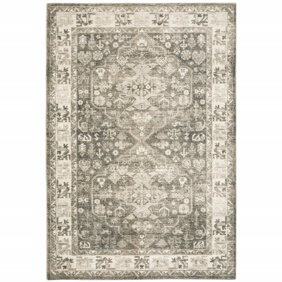 5 X 7 Grey Ivory Tan And Beige Oriental Power Loom Stain Resistant Area Rug Image 1