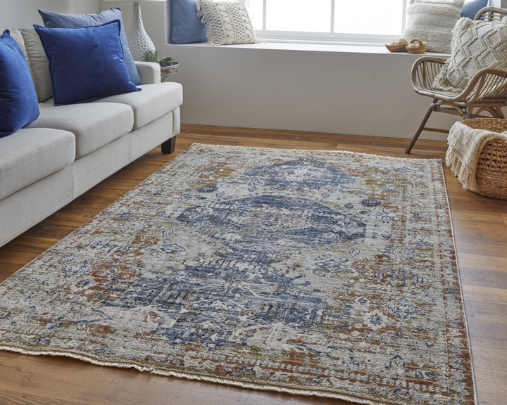 5 X 8 Ivory Orange And Blue Floral Power Loom Distressed Area Rug With Fringe Image 1