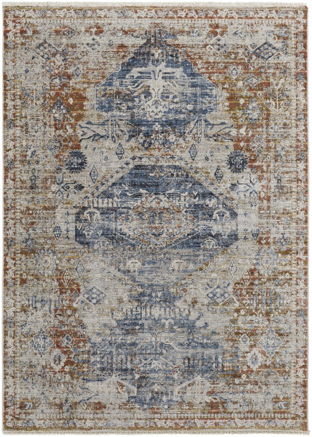 5 X 8 Ivory Orange And Blue Floral Power Loom Distressed Area Rug With Fringe Image 2