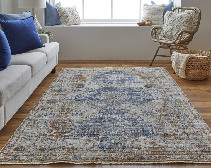 5 X 8 Ivory Orange And Blue Floral Power Loom Distressed Area Rug With Fringe Image 6