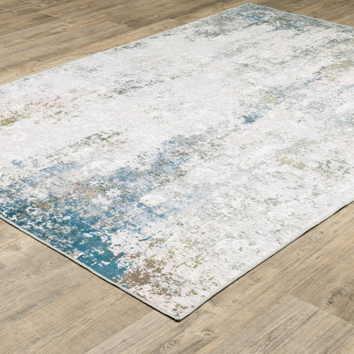 5 X 7 Ivory Teal Blue Grey Brown And Gold Abstract Printed Stain Resistant Non Skid Area Rug Image 4