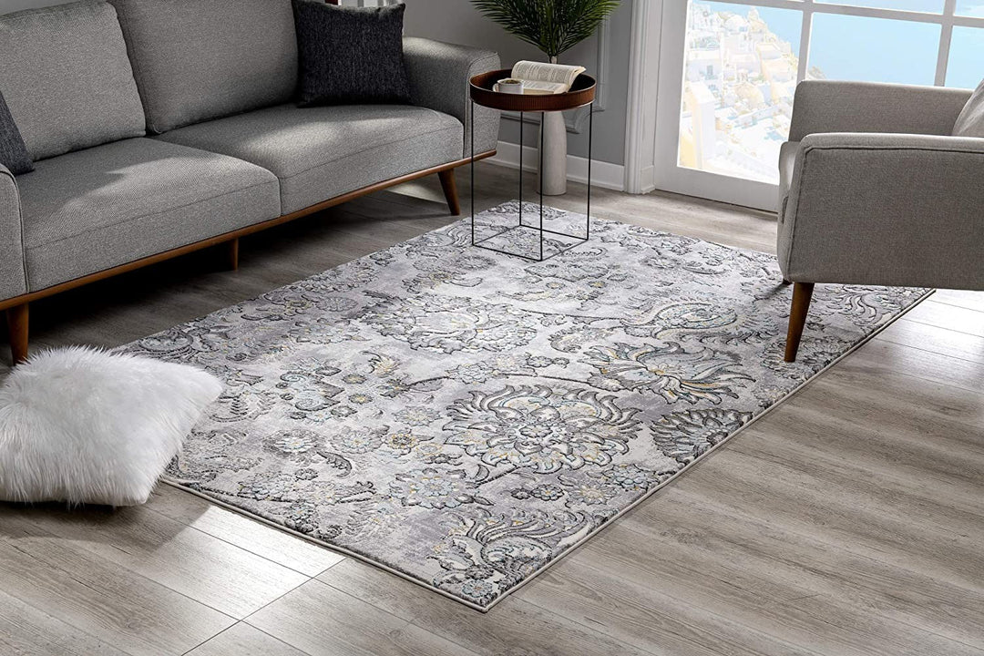 5 X 7 Gray Damask Power Loom Area Rug Image 1