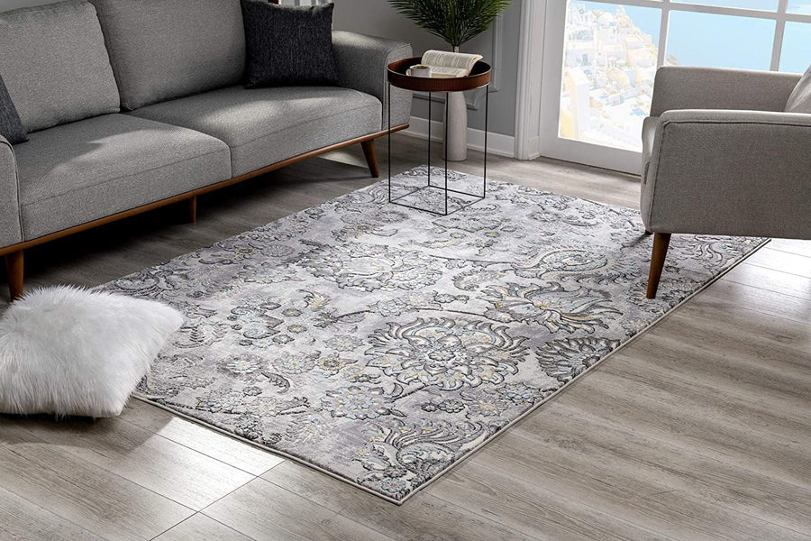 5 X 7 Gray Damask Power Loom Area Rug Image 1