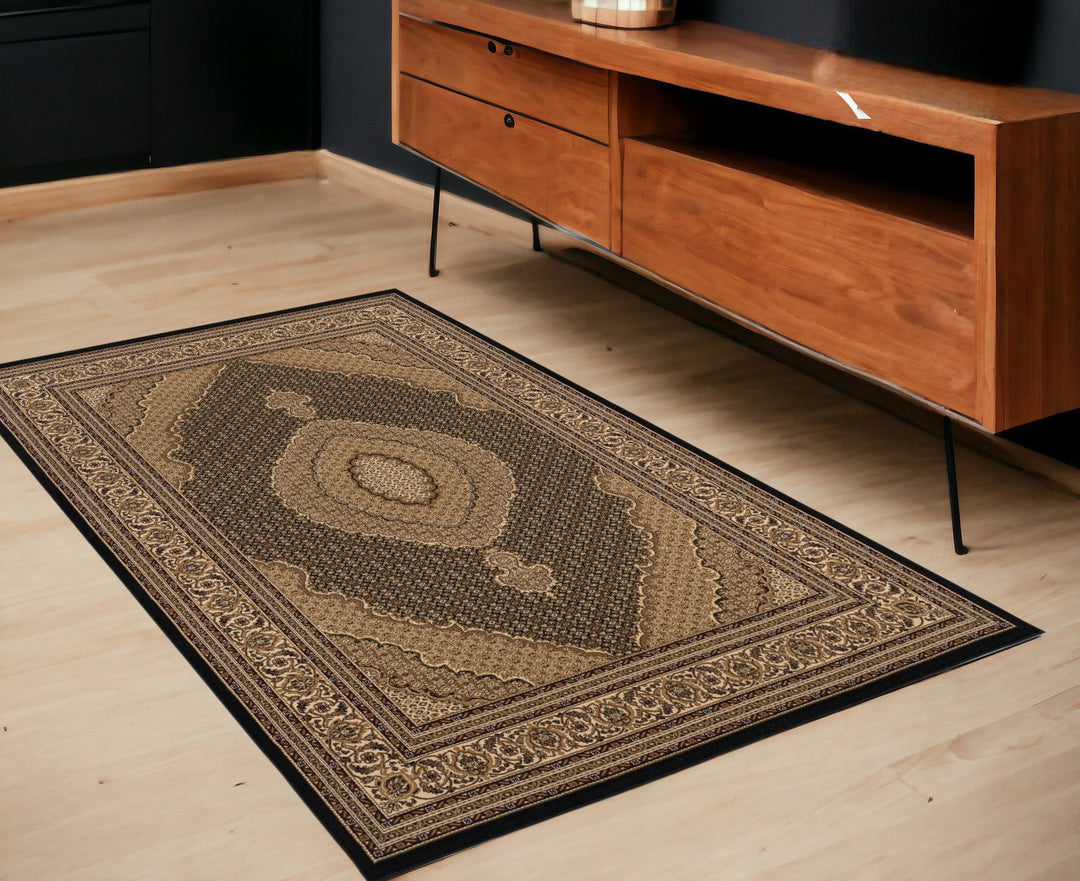 5 x 8 Beige and Black Medallion Power Loom Area Rug Image 1