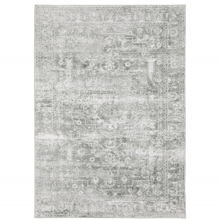 5 X 7 Sage Green Grey Ivory And Silver Oriental Printed Stain Resistant Non Skid Area Rug Image 1