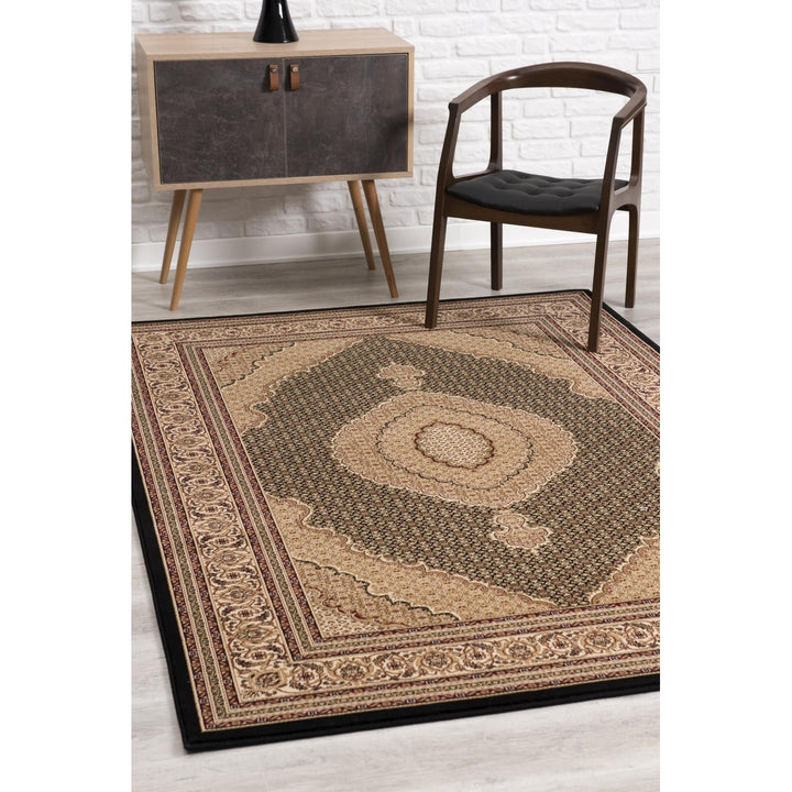 5 x 8 Beige and Black Medallion Power Loom Area Rug Image 6