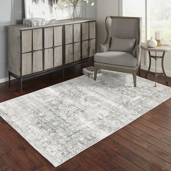 5 X 7 Sage Green Grey Ivory And Silver Oriental Printed Stain Resistant Non Skid Area Rug Image 2