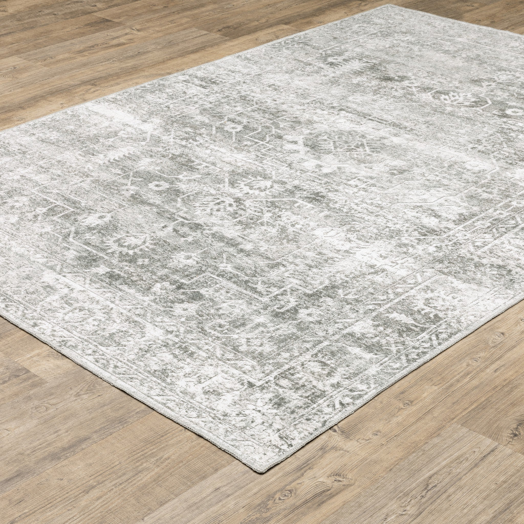 5 X 7 Sage Green Grey Ivory And Silver Oriental Printed Stain Resistant Non Skid Area Rug Image 5