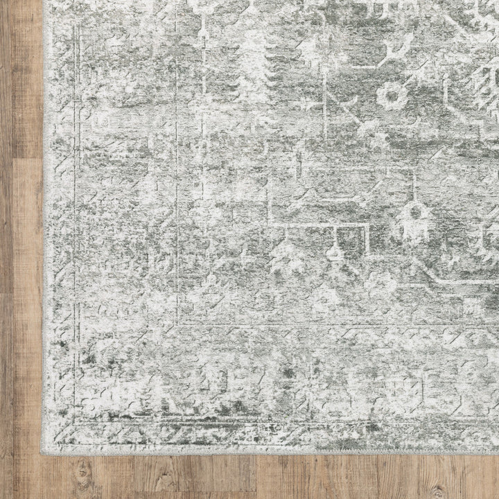 5 X 7 Sage Green Grey Ivory And Silver Oriental Printed Stain Resistant Non Skid Area Rug Image 9