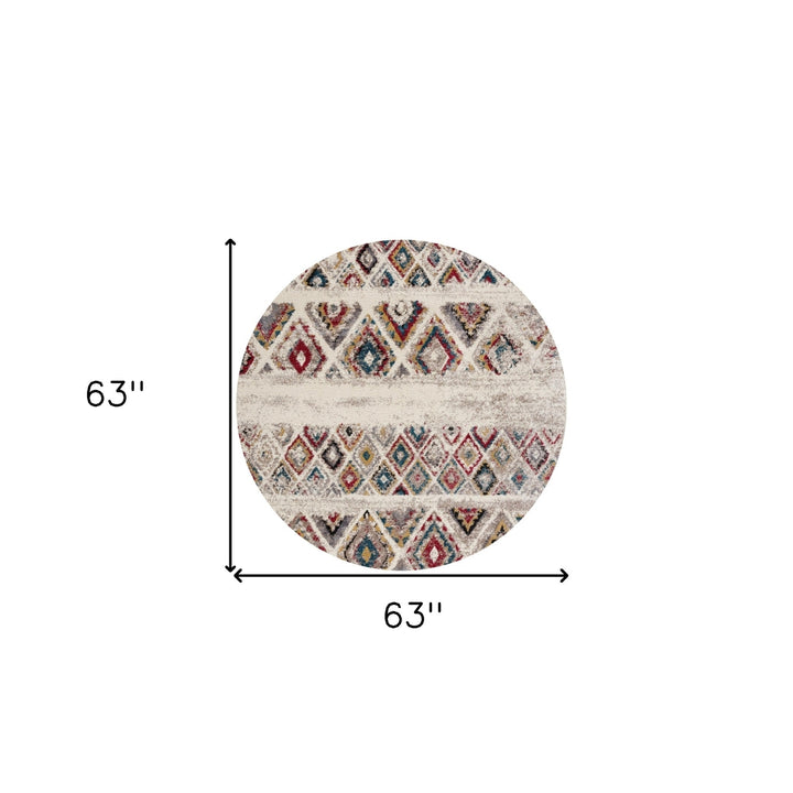 5 Cream Round Southwestern Power Loom Area Rug Image 2