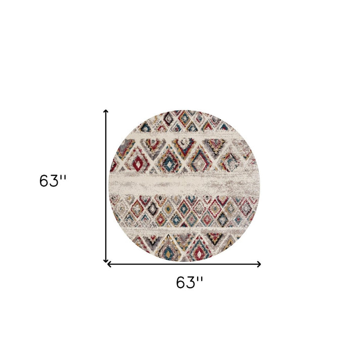 5 Cream Round Southwestern Power Loom Area Rug Image 1