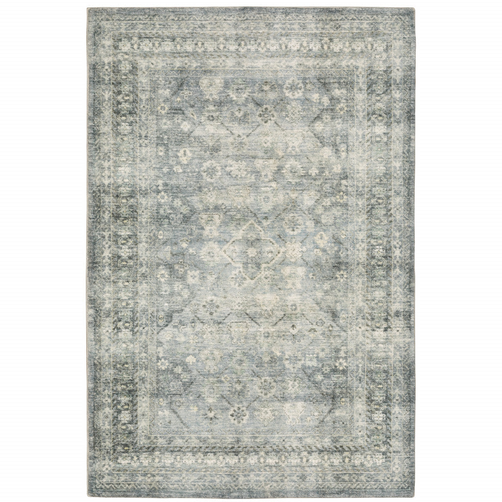 5 X 7 Blue Ivory And Grey Oriental Power Loom Stain Resistant Area Rug Image 1