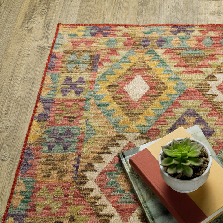 5 X 7 Gold Orange Brown Red Green Purple And Beige Southwestern Printed Stain Resistant Non Skid Area Rug Image 4