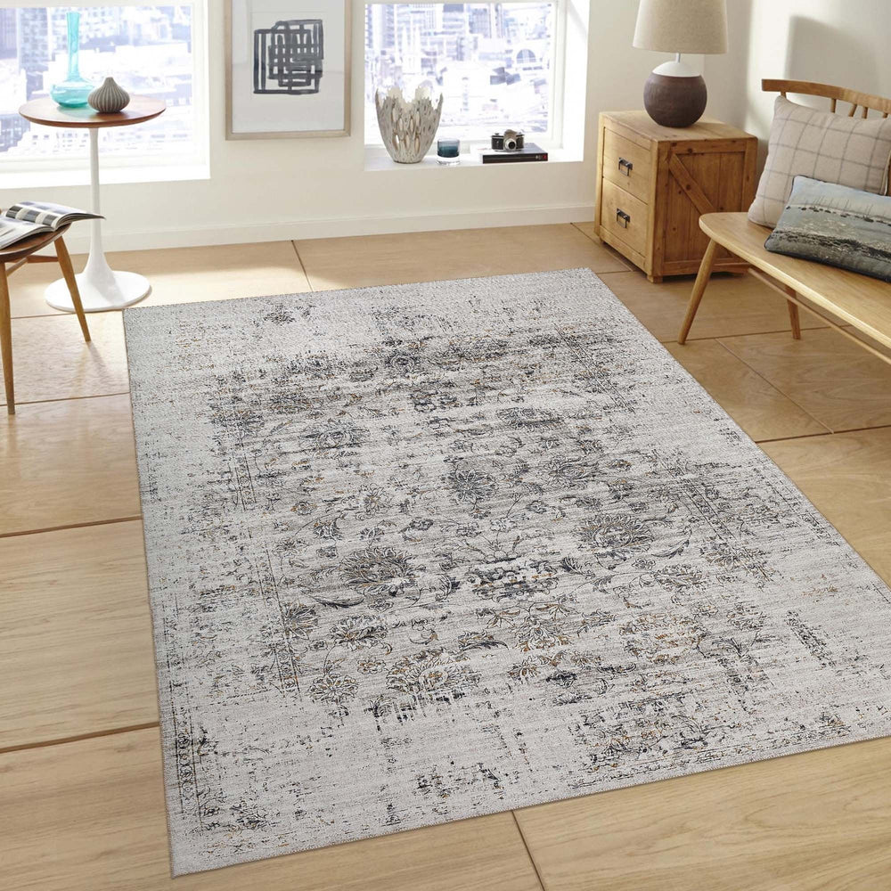 5 X 8 Beige Oriental Distressed Stain Resistant Area Rug Image 2