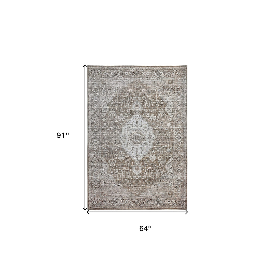 5 X 8 Beige Oriental Power Loom Distressed Stain Resistant Area Rug Image 1