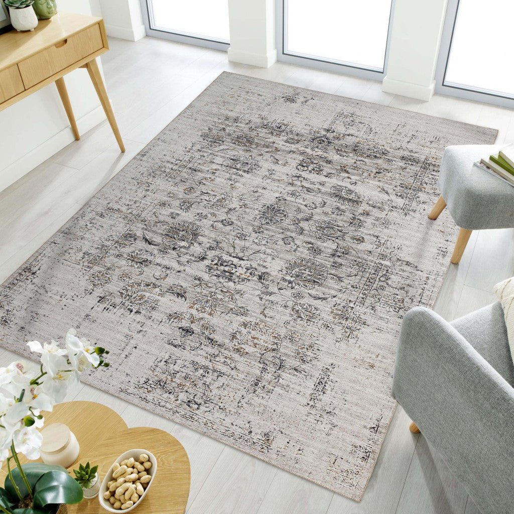 5 X 8 Beige Oriental Distressed Stain Resistant Area Rug Image 7