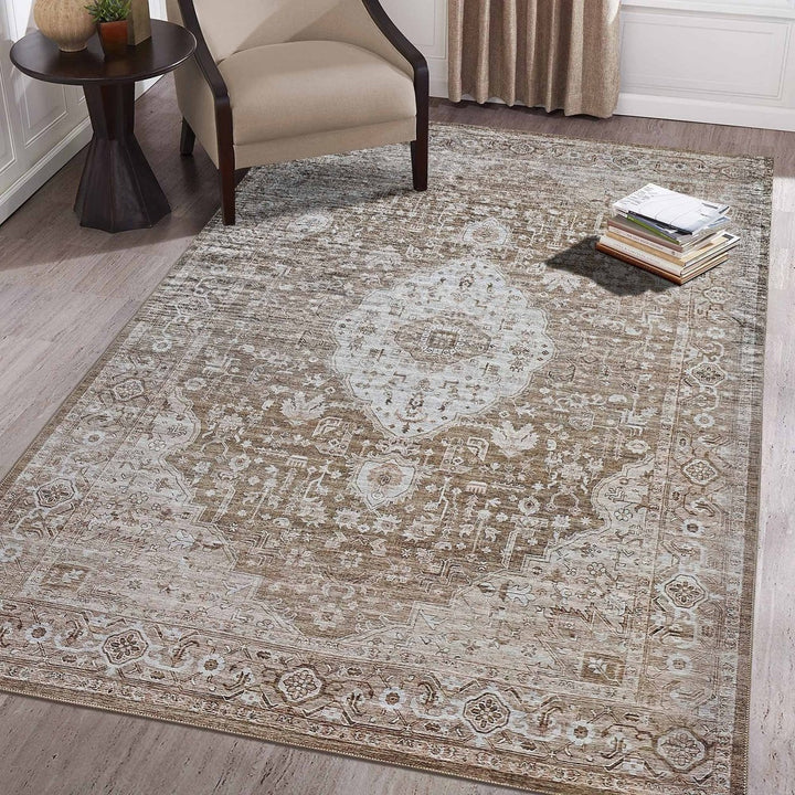 5 X 8 Beige Oriental Power Loom Distressed Stain Resistant Area Rug Image 8