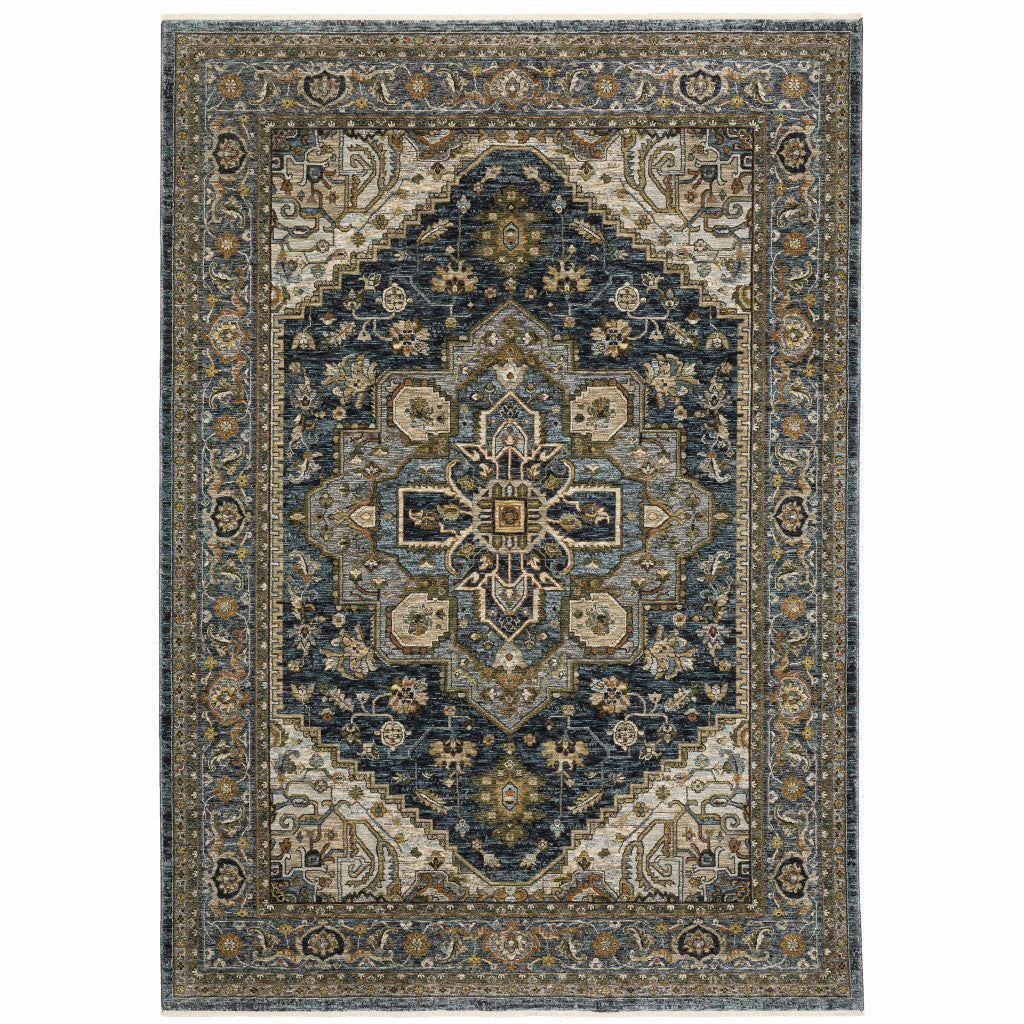 5 X 8 Blue And Green Oriental Power Loom Area Rug With Fringe Image 1