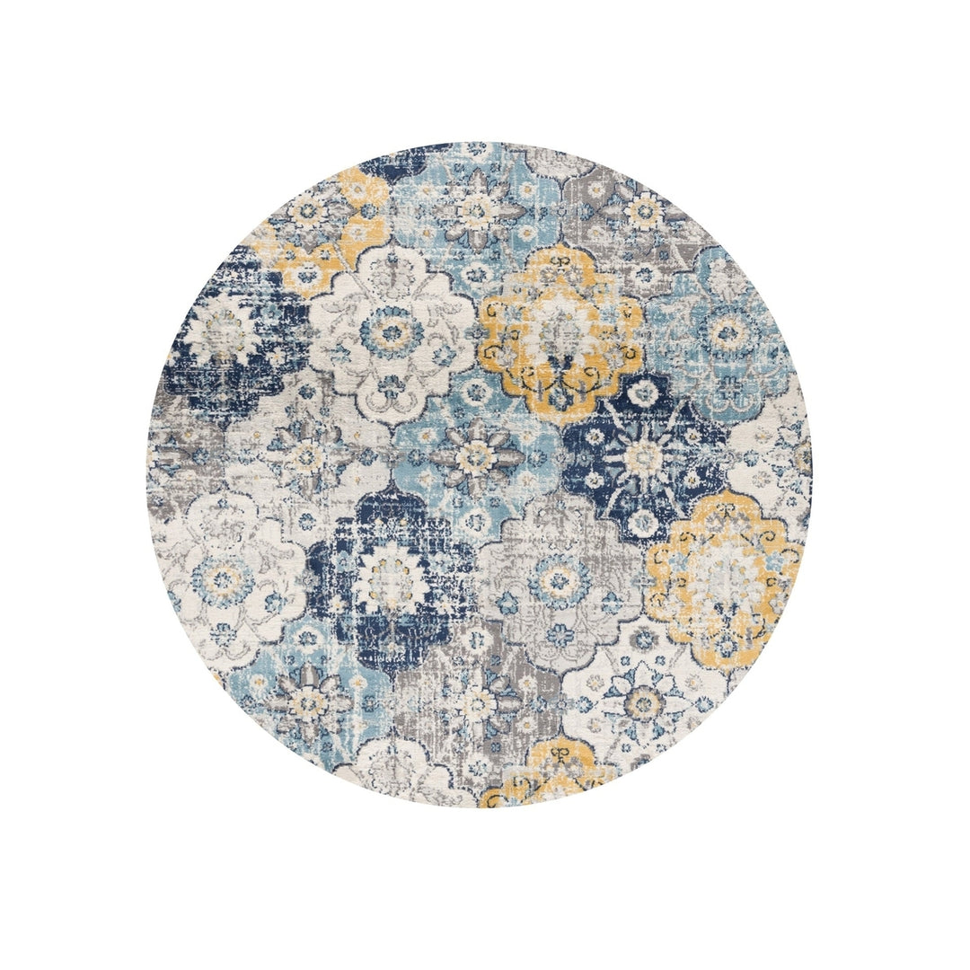 5 Blue and Gray Round Geometric Washable Non Skid Area Rug Image 6