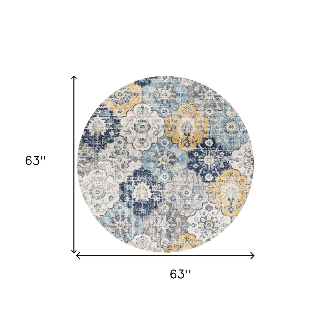 5 Blue and Gray Round Geometric Washable Non Skid Area Rug Image 8