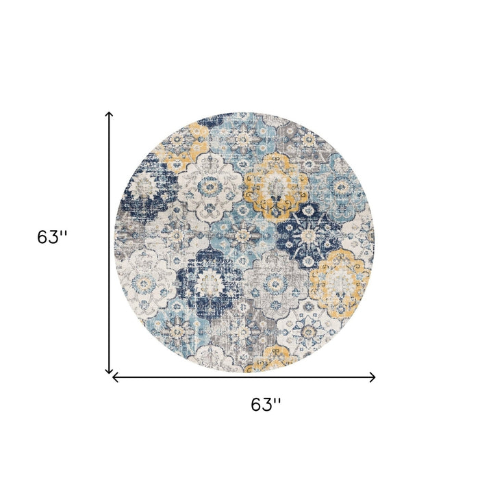 5 Blue and Gray Round Geometric Washable Non Skid Area Rug Image 8