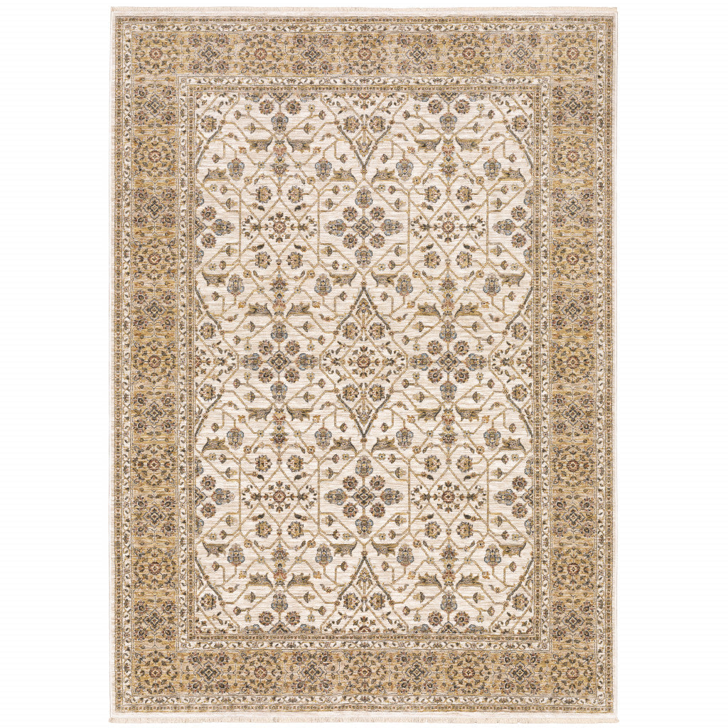 5 X 8 Ivory And Gold Oriental Power Loom Stain Resistant Area Rug With Fringe Image 1