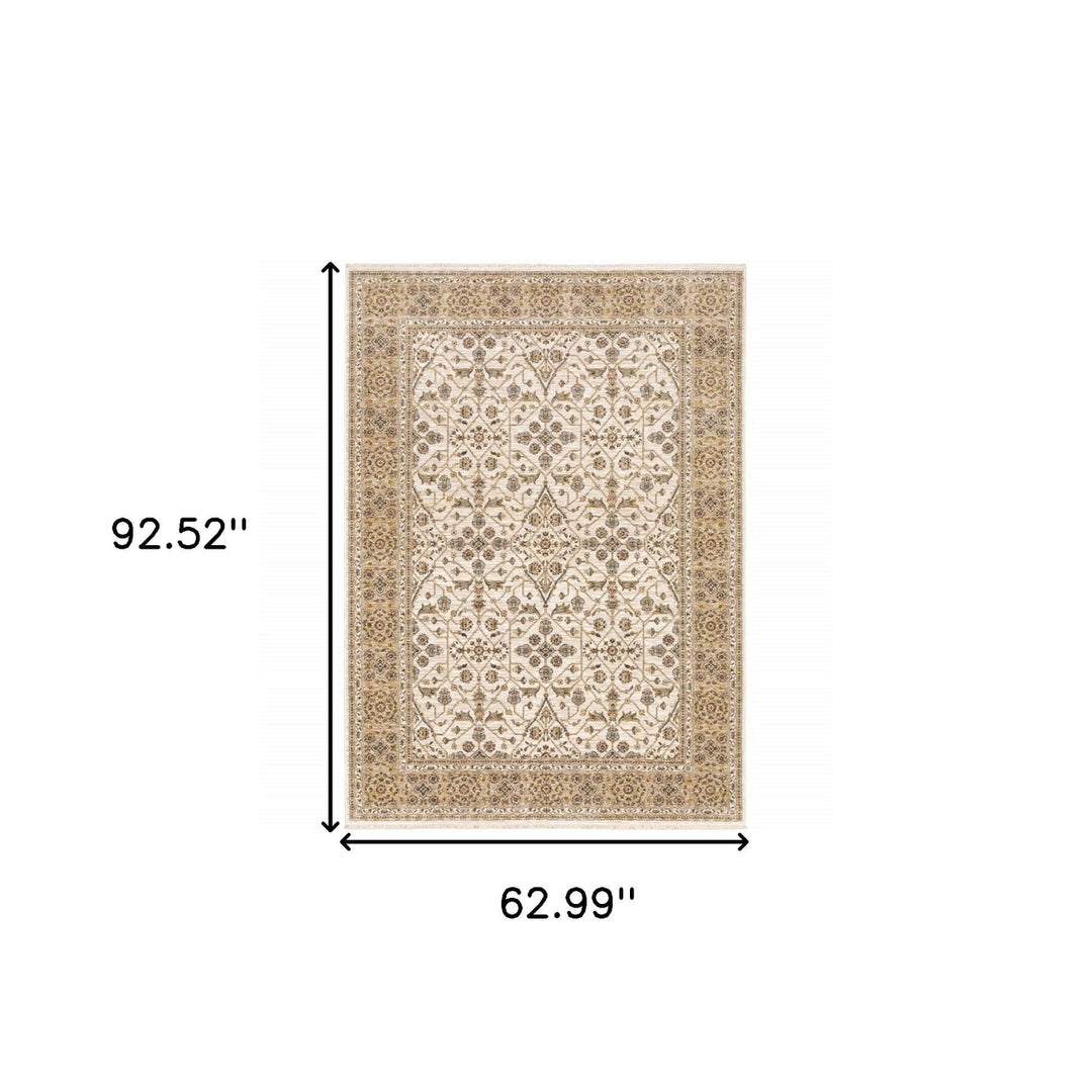 5 X 8 Ivory And Gold Oriental Power Loom Stain Resistant Area Rug With Fringe Image 11