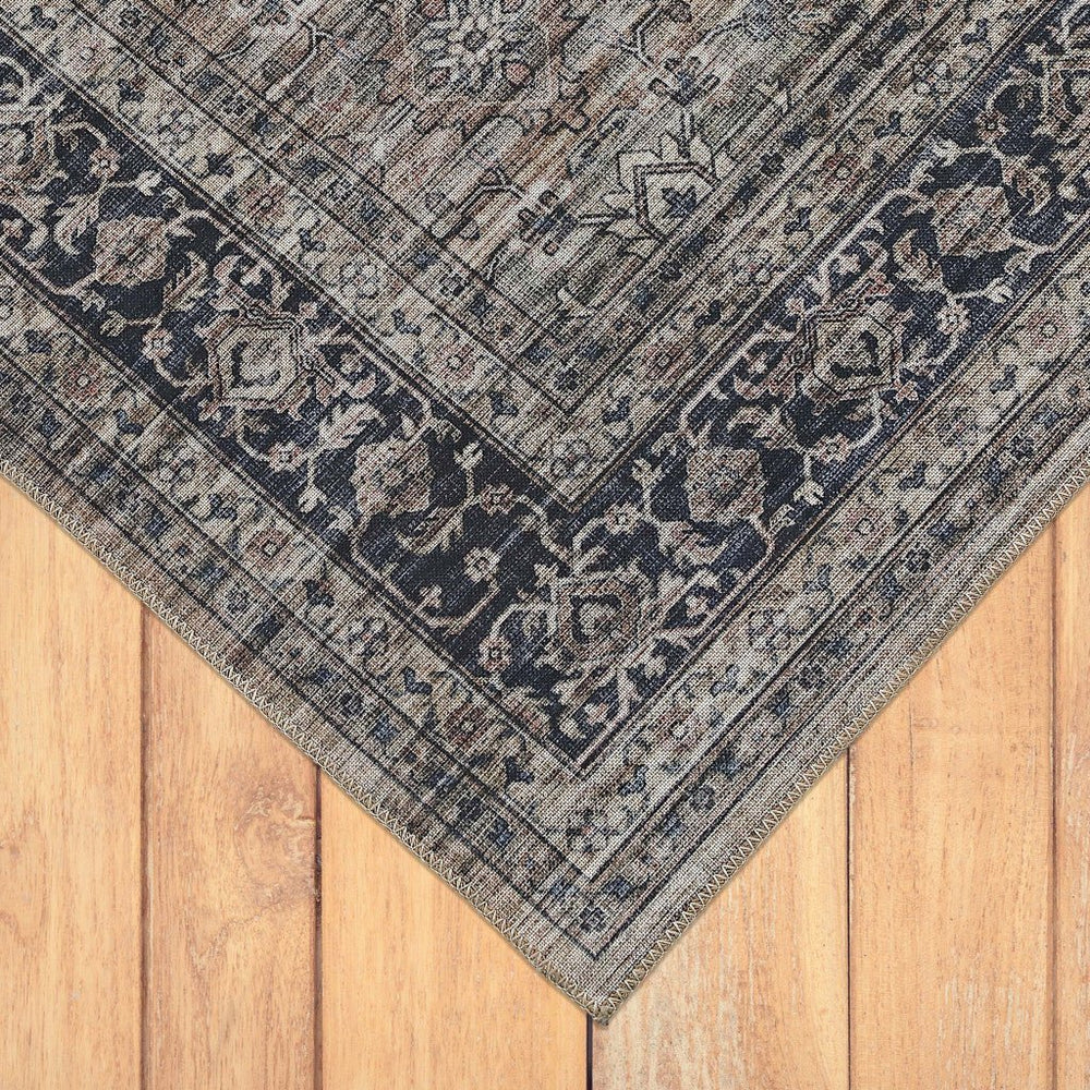 5 x 8 Brown and Blue Oriental Printed Distressed Area Rug Image 2