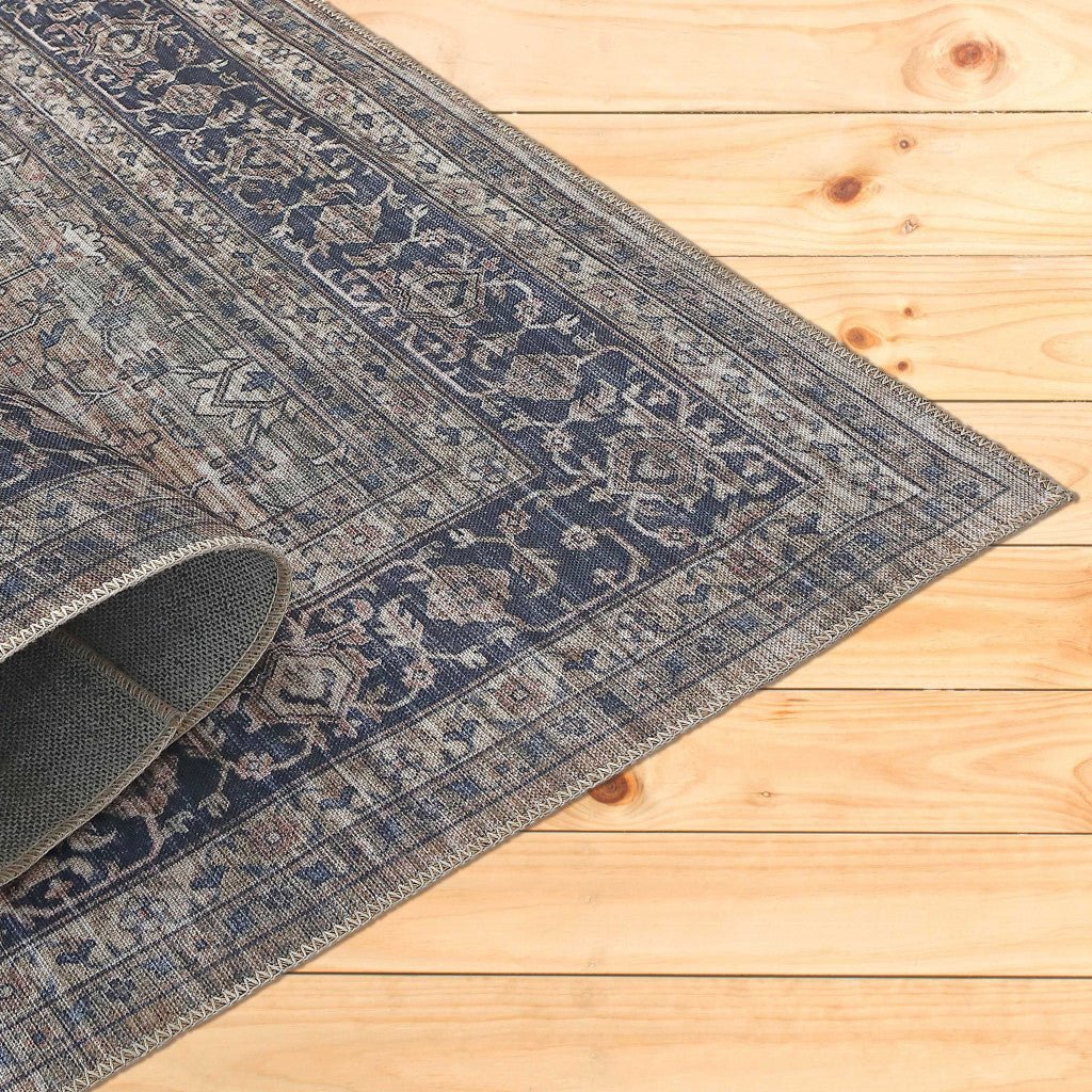 5 x 8 Brown and Blue Oriental Printed Distressed Area Rug Image 3