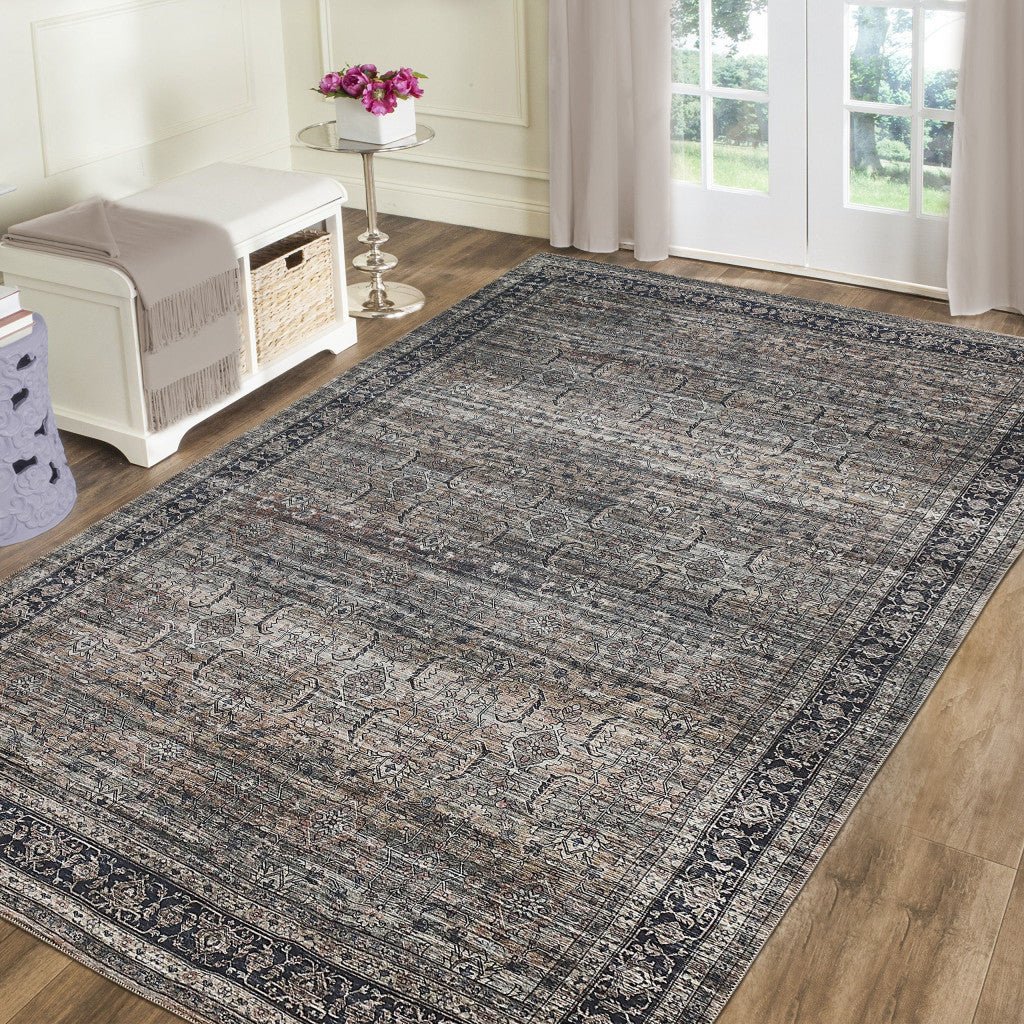 5 x 8 Brown and Blue Oriental Printed Distressed Area Rug Image 5