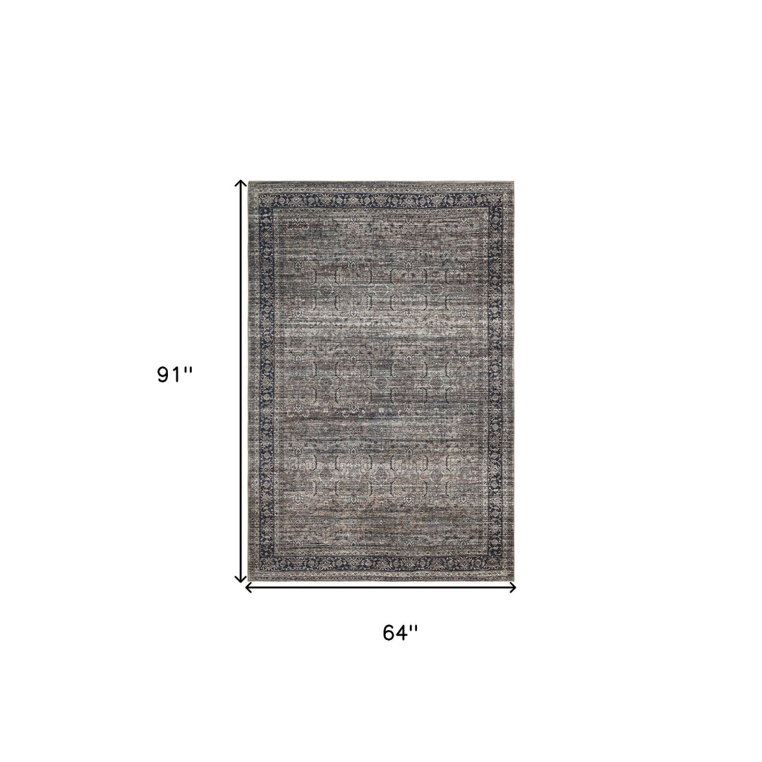 5 x 8 Brown and Blue Oriental Printed Distressed Area Rug Image 7