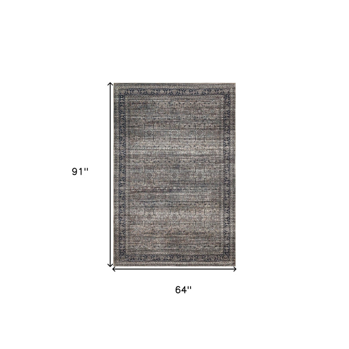 5 x 8 Brown and Blue Oriental Printed Distressed Area Rug Image 7