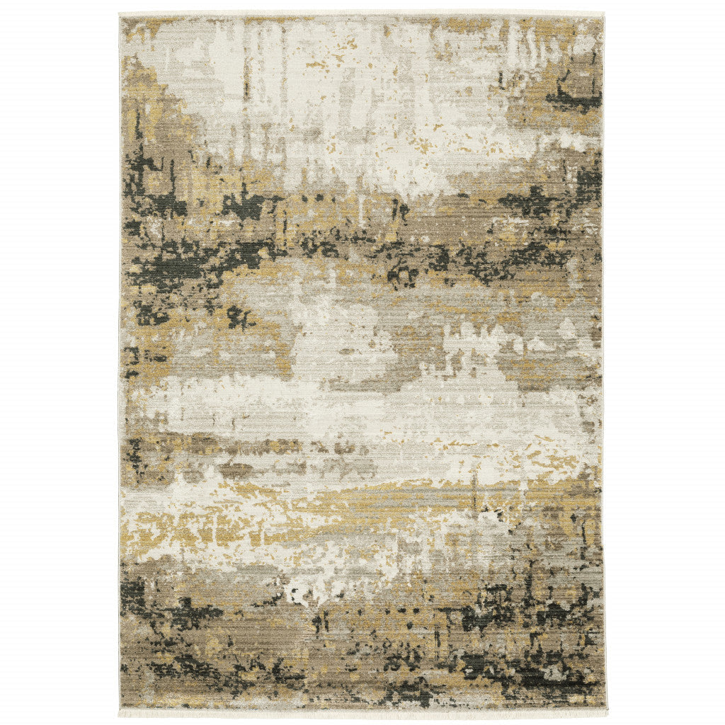 6 X 9 Grey Gold Black Charcoal And Beige Abstract Power Loom Stain Resistant Area Rug With Fringe Image 1