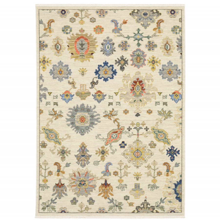 6 X 9 Ivory Beige Gold Grey Blue Pink Red Rust And Green Oriental Power Loom Stain Resistant Area Rug With Fringe Image 1