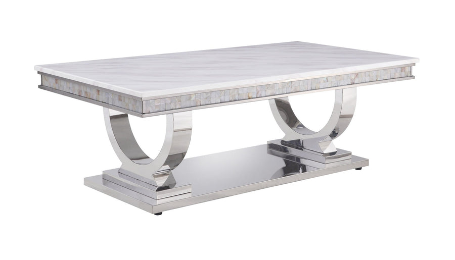 51" White And Silver Faux Marble Mirrored Coffee Table Image 1