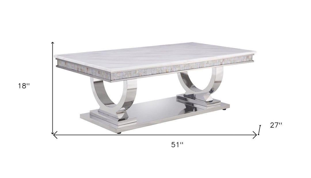 51" White And Silver Faux Marble Mirrored Coffee Table Image 2