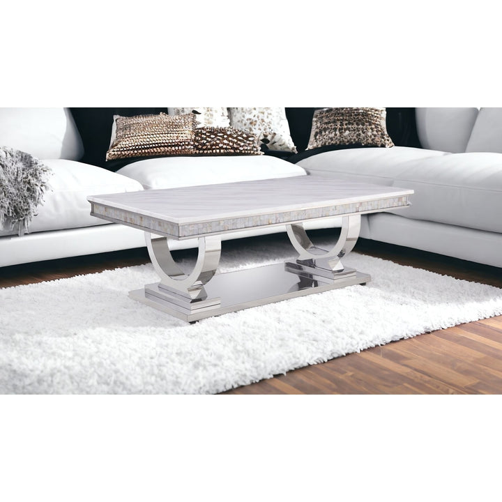 51" White And Silver Faux Marble Mirrored Coffee Table Image 5