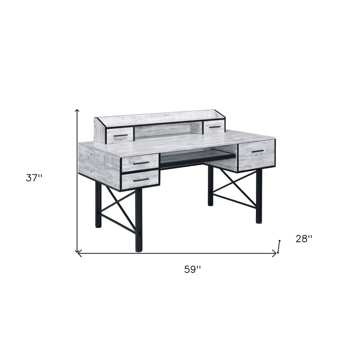 59" Antiqued White and Black Computer Desk With Five Drawers Image 5