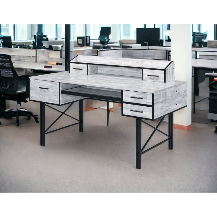 59" Antiqued White and Black Computer Desk With Five Drawers Image 6