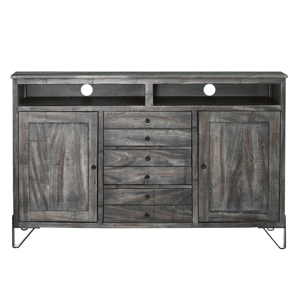 60" Gray Solid Wood Cabinet Enclosed Storage Distressed TV Stand Image 5