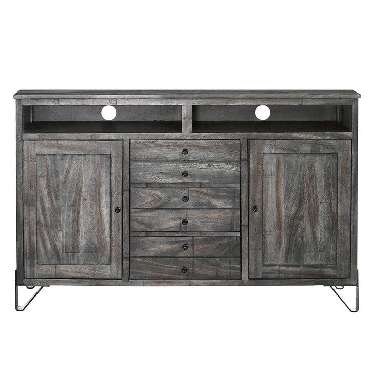 60" Gray Solid Wood Cabinet Enclosed Storage Distressed TV Stand Image 5