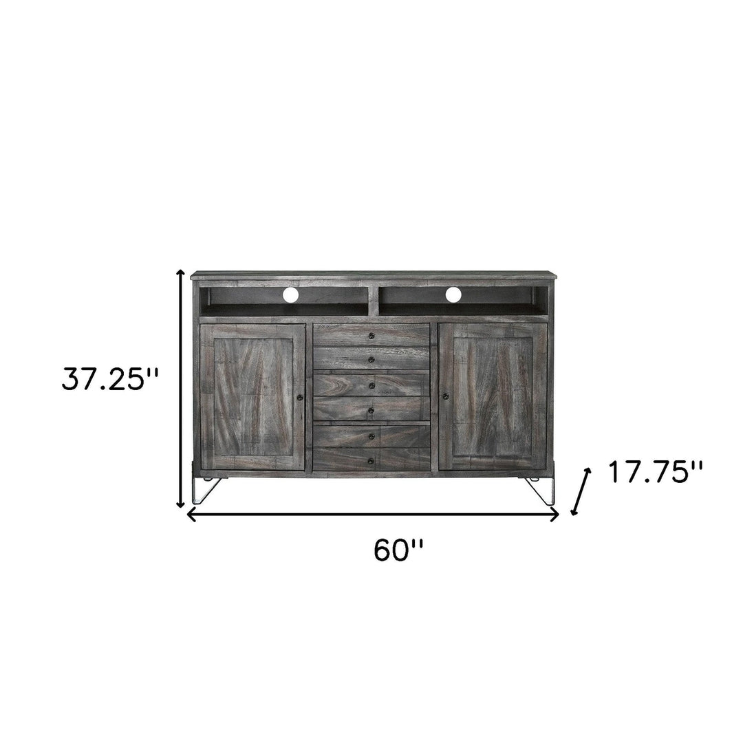 60" Gray Solid Wood Cabinet Enclosed Storage Distressed TV Stand Image 6