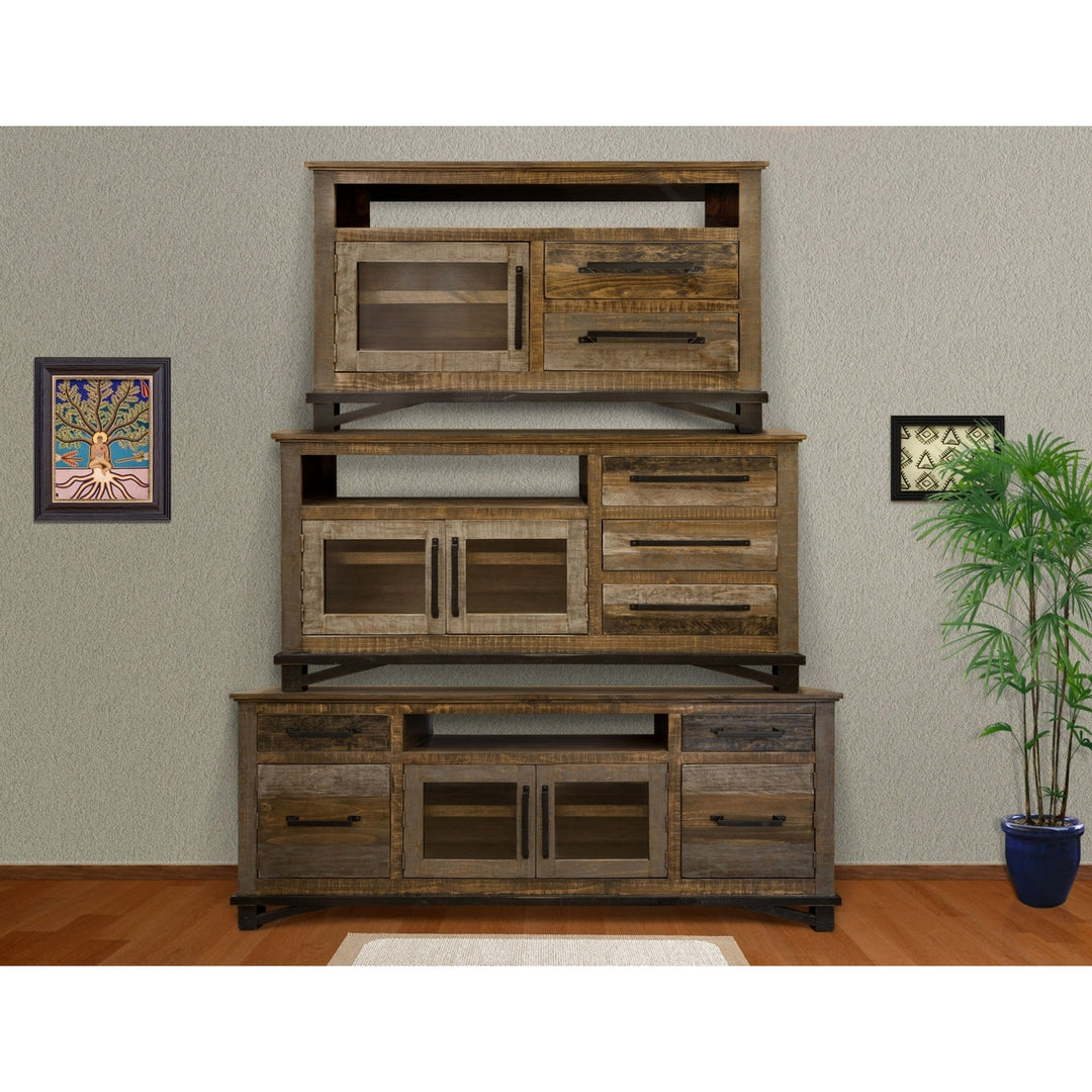 61" Brown Solid Wood Cabinet Enclosed Storage Distressed TV Stand Image 2